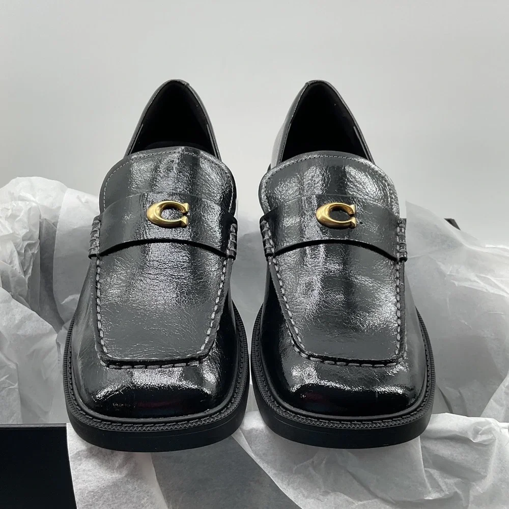 Coach Leah Loafer Black Glazed Leather Signature C Hardware CCH83 Womens 9B